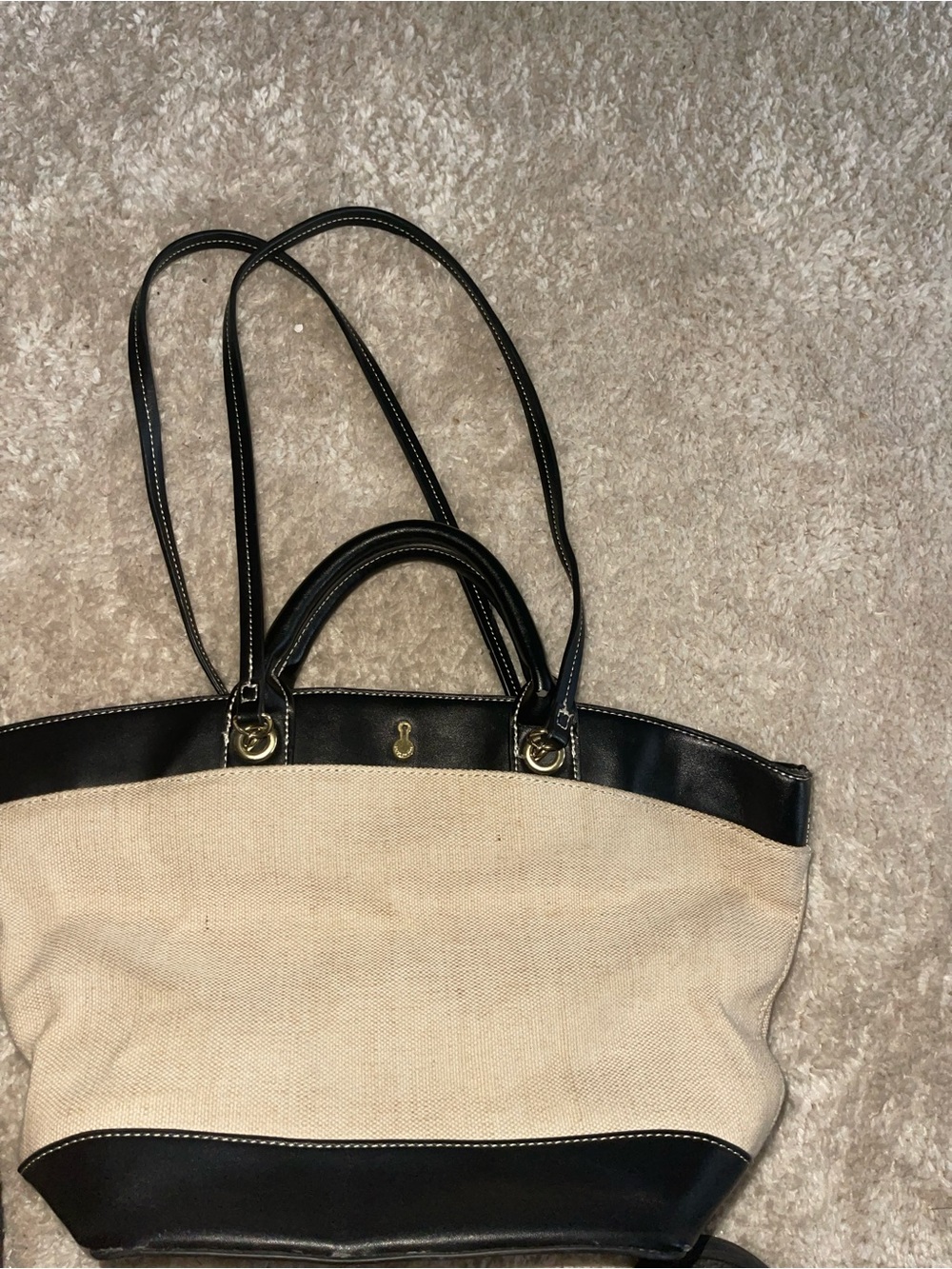 London Fog Beige Canvas Tote with Black Leather Trim